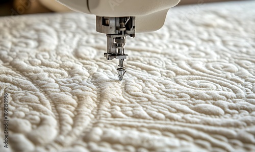 A close-up of a sewing machine quilting intricate patterns on fabric.