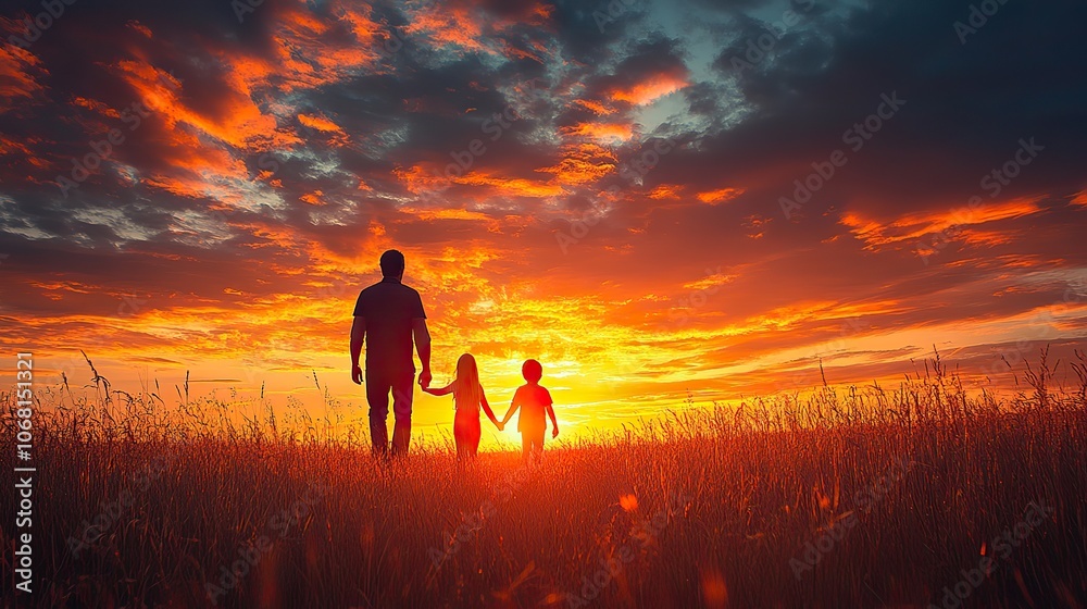 Fototapeta premium A father and child walk hand-in-hand during a sunset, symbolizing the love and care that defines happy family moments.