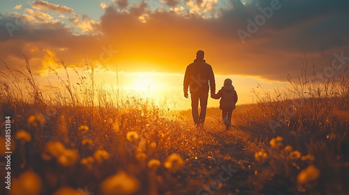 A father and child walk together at sunset, creating a heartwarming scene perfect for Father’s Day celebrations and family-themed greeting cards.