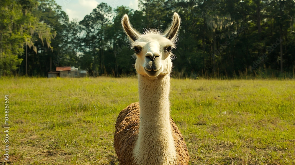 A friendly llama stands in a sunny field surrounded by trees, enjoying the warm afternoon light in a rural area A friendly llama stands in a sunny field surrounded by trees, enjoying the warm afternoon light in a rural area