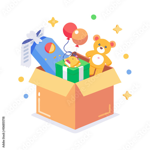 Donation box with toys and balloons for kids' charity event

