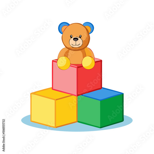 Teddy bear with colorful building blocks for children's playtime

