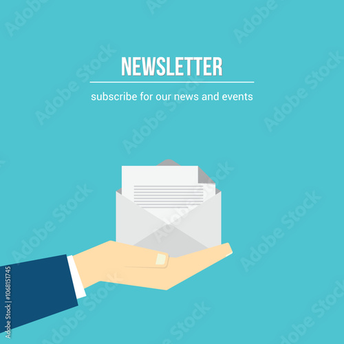 Newsletter. vector illustration of email marketing. subscription to newsletter, news, offers, promotions. a letter and envelope. subscribe, submit. send by mail.	