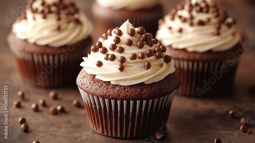 A festive chocolate caramel cupcake with cream and frosting, perfect for holiday parties, baby showers, or Valentine’s Day celebrations, with space for text or menu descriptions.