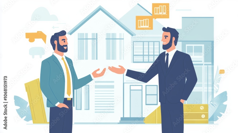 Businessman real estate agents discuss house sale prices fee mortgage interest rent cash flow loan businessman is offering a house price to a customer Businessman real estate agents discuss house sale prices fee mortgage interest rent cash flow loan businessman is offering a house price to a customer