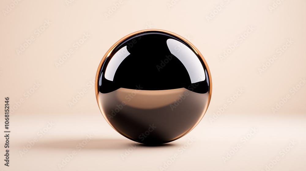 The glossy black sphere rests on a smooth surface, creating a striking contrast with the soft beige background The glossy black sphere rests on a smooth surface, creating a striking contrast with the soft beige background