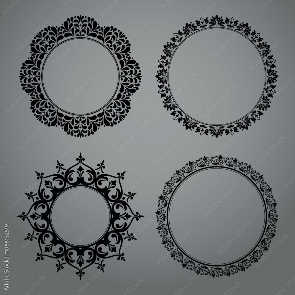 Set of decorative frames Elegant vector element for design in Eastern style, place for text. Floral black and gray borders. Lace illustration for invitations and greeting cards Set of decorative frames Elegant vector element for design in Eastern style, place for text. Floral black and gray borders. Lace illustration for invitations and greeting cards