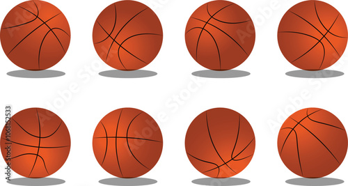 Set of orange basketball balls with leather texture in different position. Basketball symbol vector illustration.