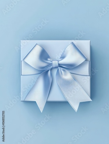 Luxury gift box with a blue bow on blue. High angle view monochrome close up. Fathers day or Valentines day gift for him. Corporate gift concept or birthday party. Festive sale