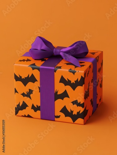 Orange colored gift box with a purple bow on an orange background. Halloween style gift box.