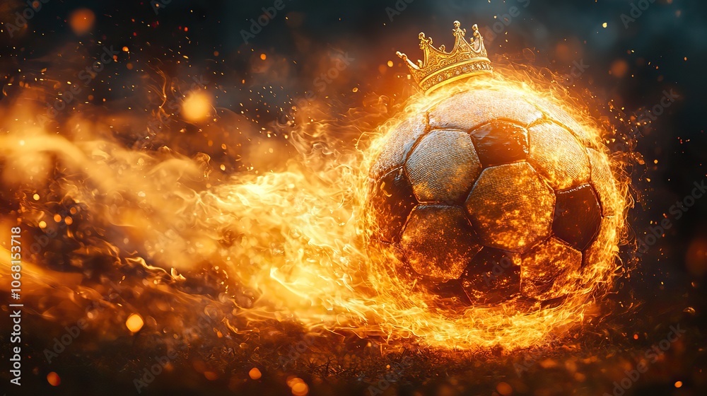 Fototapeta premium A flaming soccer ball on a black background with a golden crown, designed for sports-themed banners, posters, or greeting cards promoting world championship goals or sports betting.