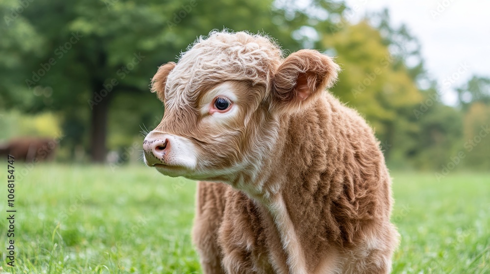 Side profile portrait of the wooly head and cute face of a scottish galloway cattle cow standing on a green meadow in tiefwerder wiesen berlin spandau Side profile portrait of the wooly head and cute face of a scottish galloway cattle cow standing on a green meadow in tiefwerder wiesen berlin spandau