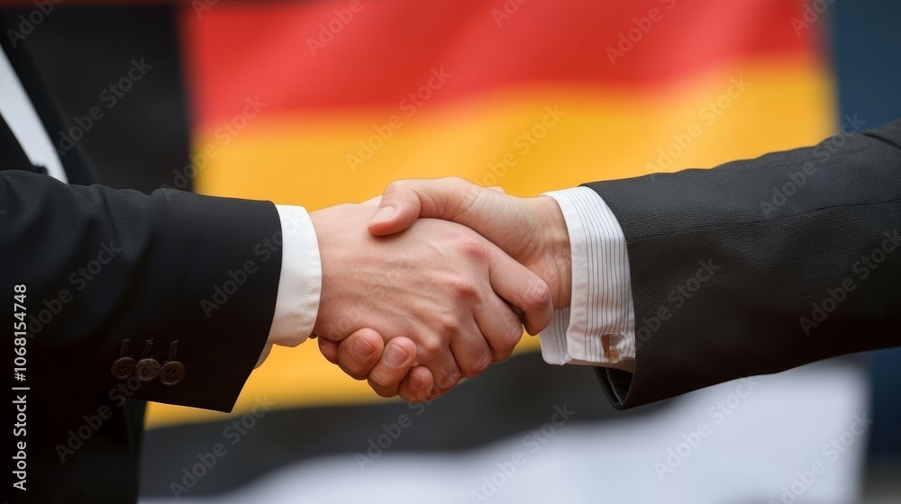 Close-up of two businesspeople shaking hands in front of german flag