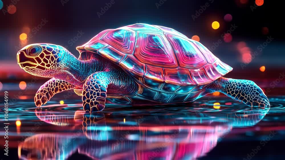 A vibrant, stylized turtle gliding over a reflective surface with colorful lights.