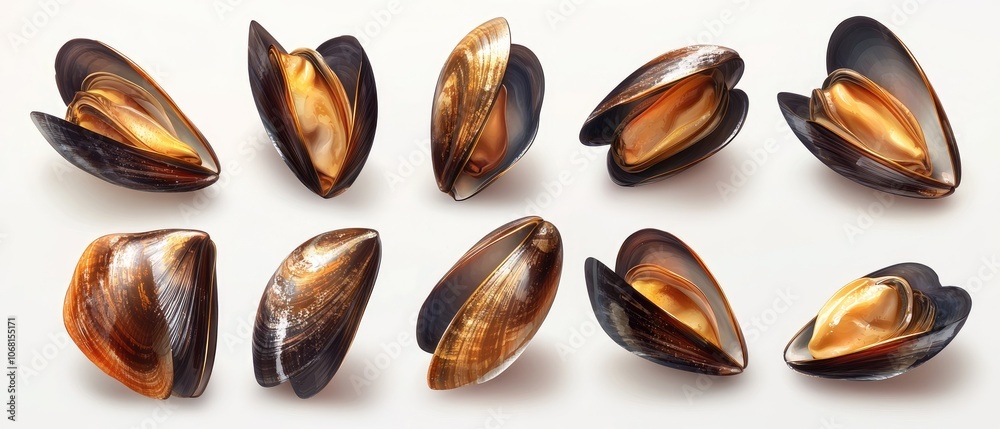 Nine fresh mussels with open and closed shells on white background. Nine fresh mussels with open and closed shells on white background.