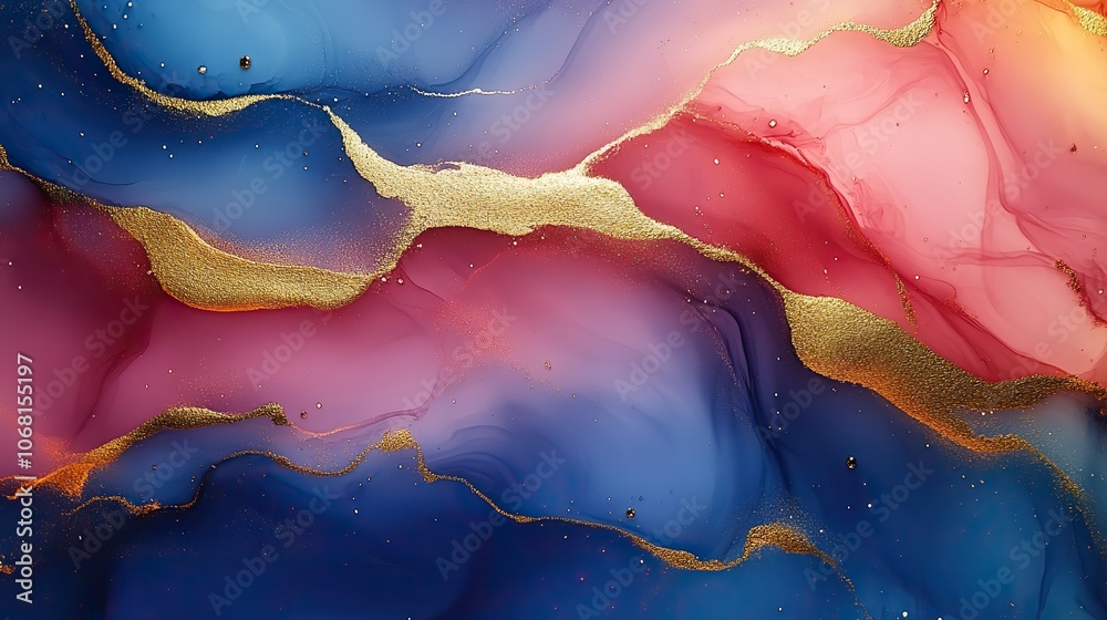 A fluid art piece featuring a blend of blue, pink, and gold alcohol ink, creating an abstract marble effect perfect for interior design or flyers.