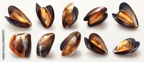 Nine fresh mussels with open and closed shells on white background.