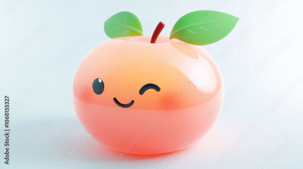 A 3D rendered cartoon apple with a winking smiley face and green leaves. A 3D rendered cartoon apple with a winking smiley face and green leaves.