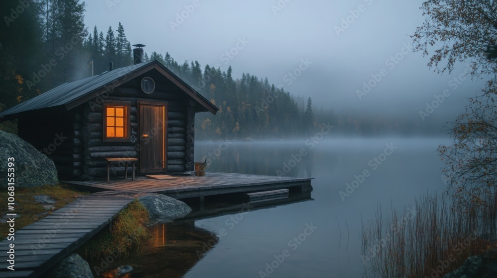 Obraz premium Outdoor sauna on a lakeside, foggy morning, natural and rustic feel