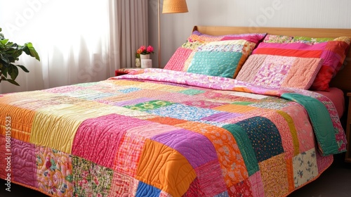 Colorful patchwork quilt on the bed photo