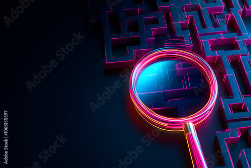 An innovative neon wireframe magnifying glass delving into a maze of talent acquisition strategies on a striking black background. photo