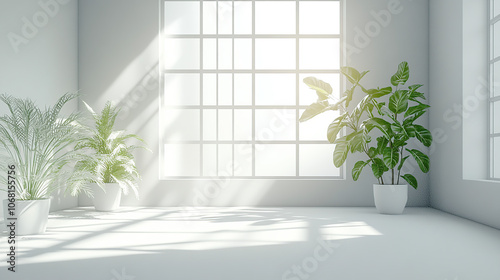 an empty room with plants and a window. The interior design is minimal, with a white color tone