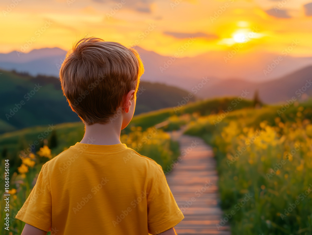 A young boy watches the sunset over a beautiful landscape embracing nature's wonders on a scenic pathway A young boy watches the sunset over a beautiful landscape embracing nature's wonders on a scenic pathway