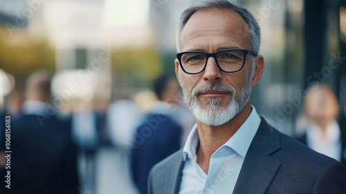 Portrait of a mature reassuring looking manager man with glasses outside in front of his team in blurry background photo