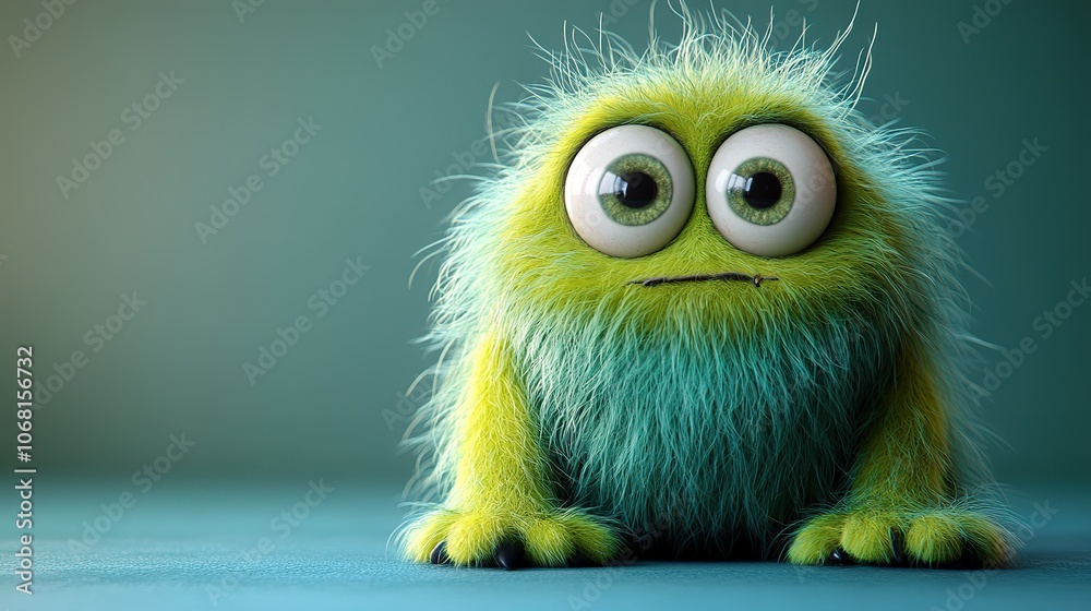 A funny fluffy green monster on a blue background, designed for Halloween-themed banners, posters, or greeting cards promoting cute yet spooky characters with a fun, furry concept.