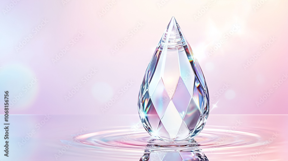 A stunning crystal droplet rests elegantly on a calm surface, casting colorful reflections in soft pastel light A stunning crystal droplet rests elegantly on a calm surface, casting colorful reflections in soft pastel light