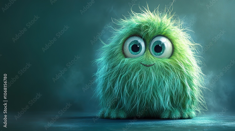 A funny fluffy green monster on a blue background, designed for Halloween-themed banners, posters, or greeting cards promoting cute yet spooky characters with a fun, furry concept. A funny fluffy green monster on a blue background, designed for Halloween-themed banners, posters, or greeting cards promoting cute yet spooky characters with a fun, furry concept.