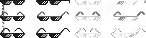 Pixel glasses icon set. Black flat and line vector collection isolated on transparent background element of pixel art. Ghetto lifestyle culture design. Mock up template. Abstract concept graphic sign.