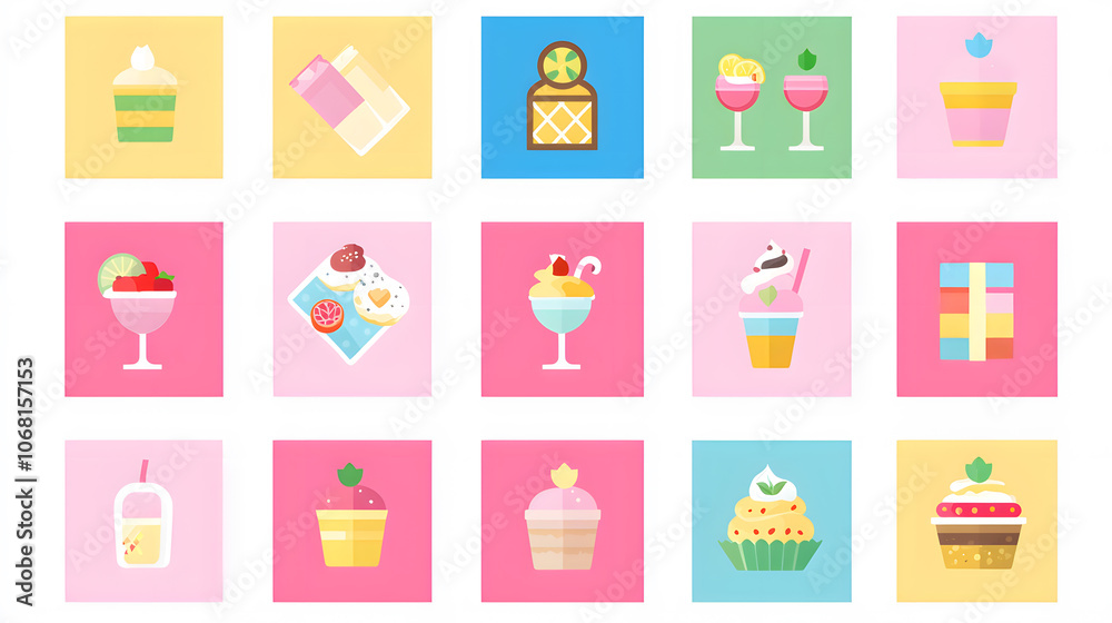 Colorful desserts and drinks in a playful layout Colorful desserts and drinks in a playful layout