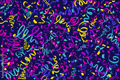 Confetti vector seamless background for birthday party celebration and carnival decoration. Colored ribbons of serpentine falling and firework explosion. Flat bright illustration