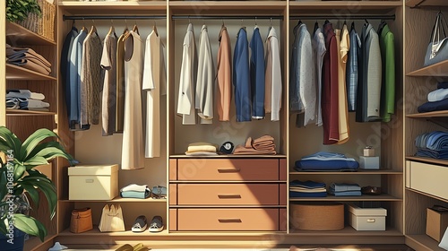 A well-organized closet showcasing neatly hung clothes, folded items, and decorative storage baskets in bright natural light