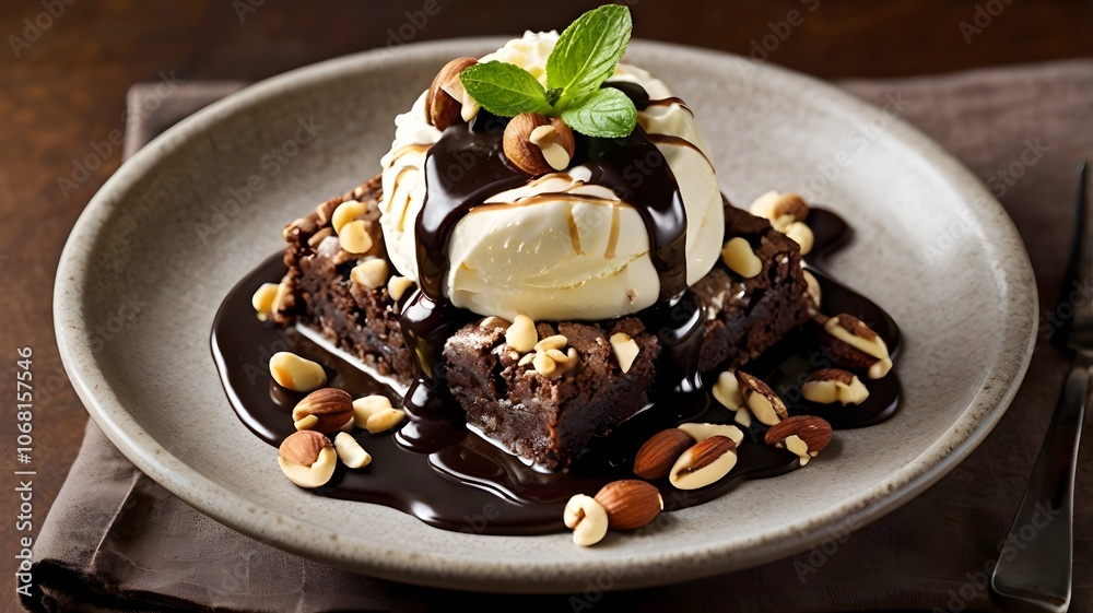 Fudgy brownie sundae with vanilla ice cream & chocolate syrup, nuts. yummy luscious cold frozen dessert sweet treat on white plate Fudgy brownie sundae with vanilla ice cream & chocolate syrup, nuts. yummy luscious cold frozen dessert sweet treat on white plate