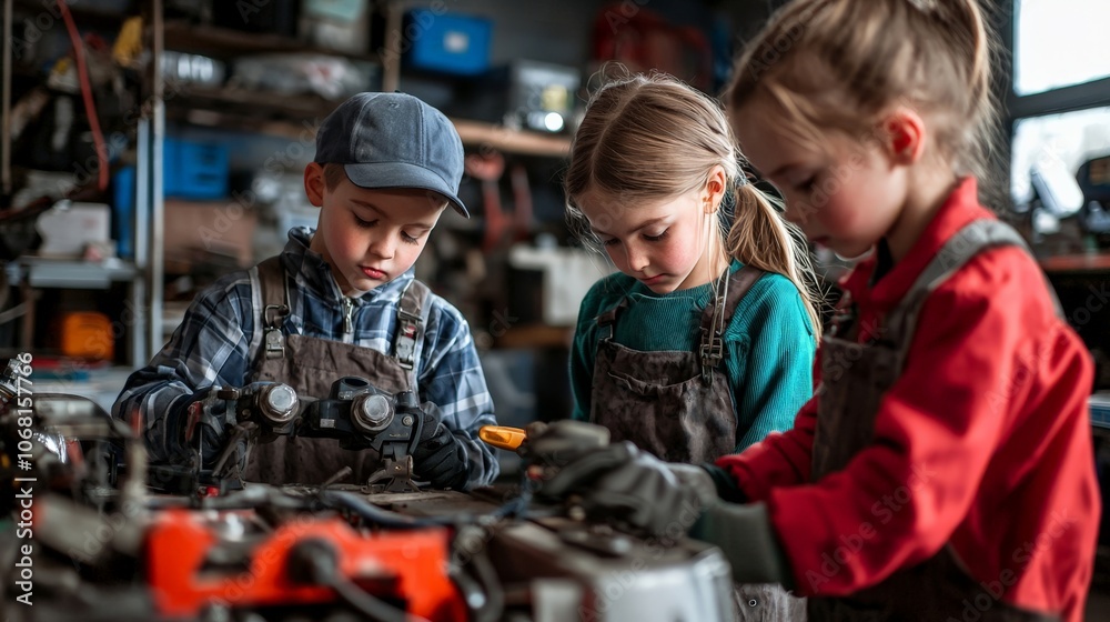 Kids dressed as mechanics, performing maintenance on a small vehicle in a repair shop Kids dressed as mechanics, performing maintenance on a small vehicle in a repair shop