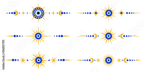 Evil eye magic border with celestial stars. Turkish and Greek astrology ornament. Spiritual bead nazar is the symbol of luck and protection. Ornate separator and divider. Vector