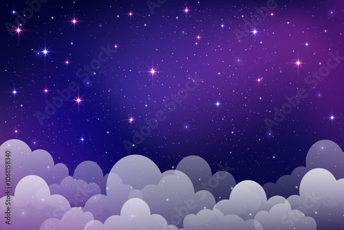 Starry night sky with clouds. Vector cute magic space background. Dreamy illustration of cosmos. Cartoon fantasy blue and purple universe scene. Fantasy landscape
