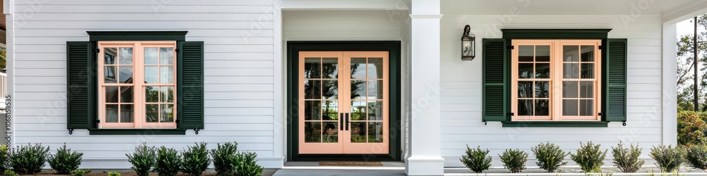 Stylish white home with green trim and peach windows on a bright sunny day. Stylish white home with green trim and peach windows on a bright sunny day.