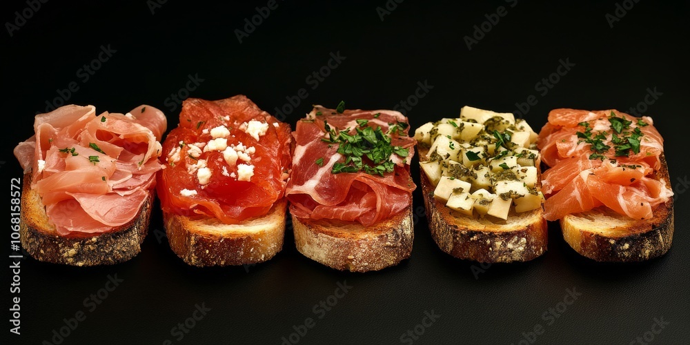 A selection of bruschetta with various toppings: Parma ham, salmon, and tuna. Another option includes salmon with herbs and tuna, all displayed against a black background. A selection of bruschetta with various toppings: Parma ham, salmon, and tuna. Another option includes salmon with herbs and tuna, all displayed against a black background.