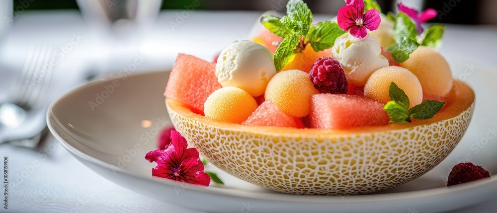 Melon bowl filled with cantaloupe, watermelon, ice cream, raspberries, and mint. Melon bowl filled with cantaloupe, watermelon, ice cream, raspberries, and mint.