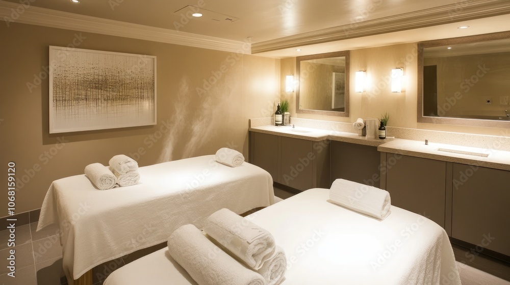Fototapeta premium Serene Spa Room with Relaxing Massage Tables