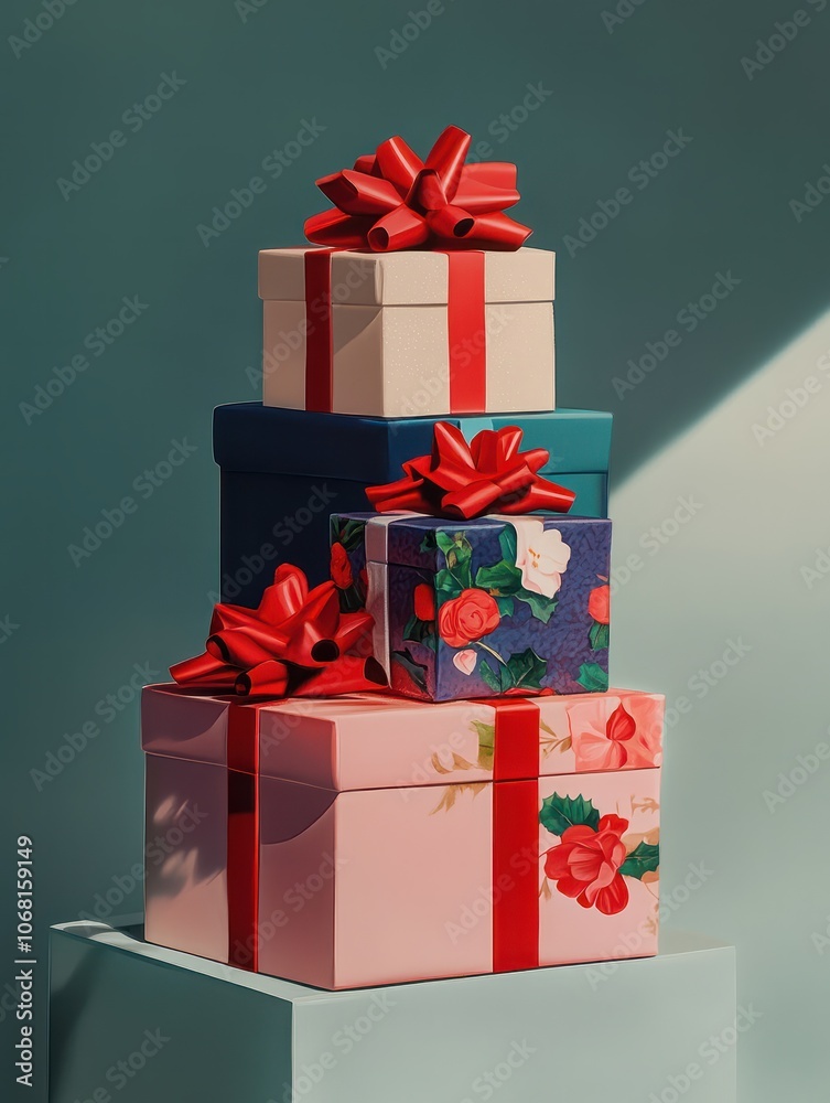 Fototapeta premium A stack of colorful presents with red bows on top