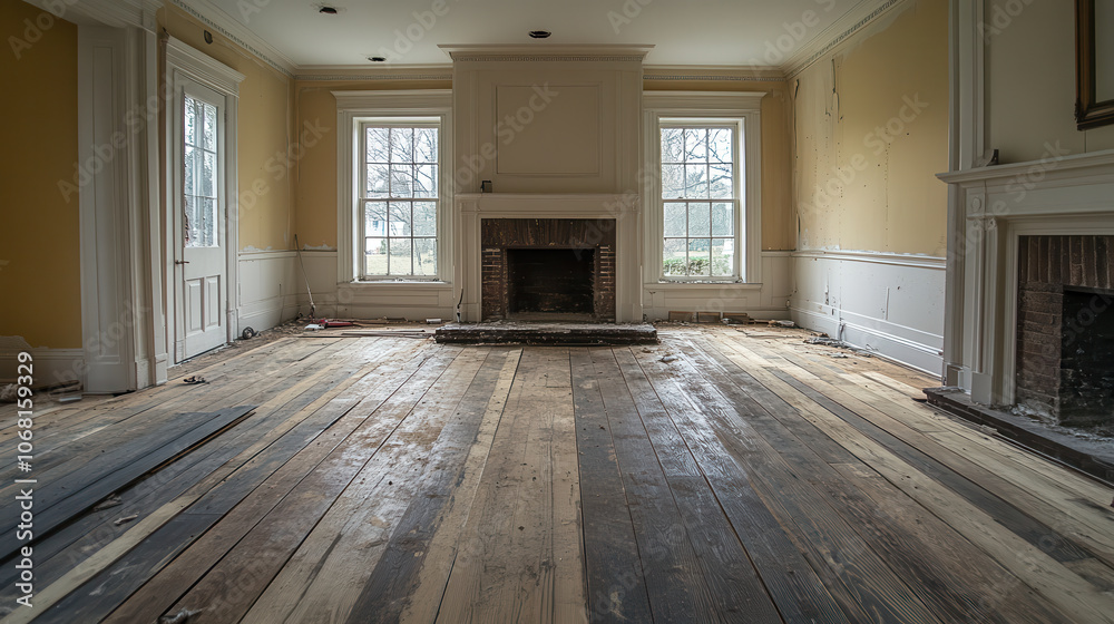 Renovation of room with wooden flooring and fireplace