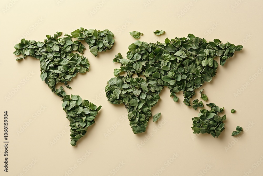 Map of the world made from green leaves on a beige background, symbolizing environmental consciousness Map of the world made from green leaves on a beige background, symbolizing environmental consciousness
