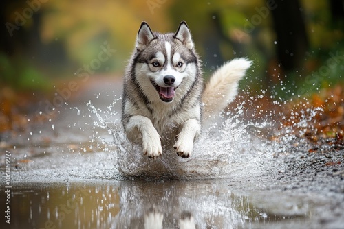 a husky dog running through a puddle of water