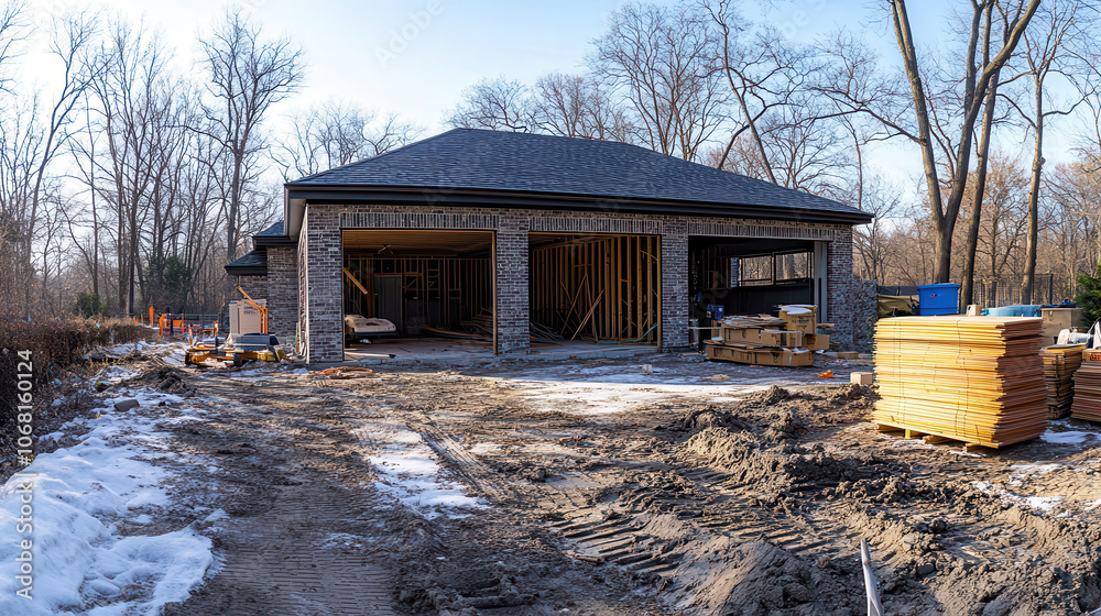 Renovation of garage with construction materials and equipment visible