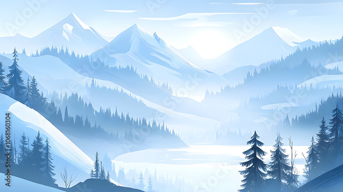 Serene winter landscape with snow-covered mountains