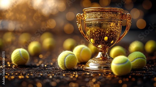 A golden champion’s cup with tennis balls on a bright background, celebrating sports victories in major tennis tournaments like Wimbledon and the US Open.